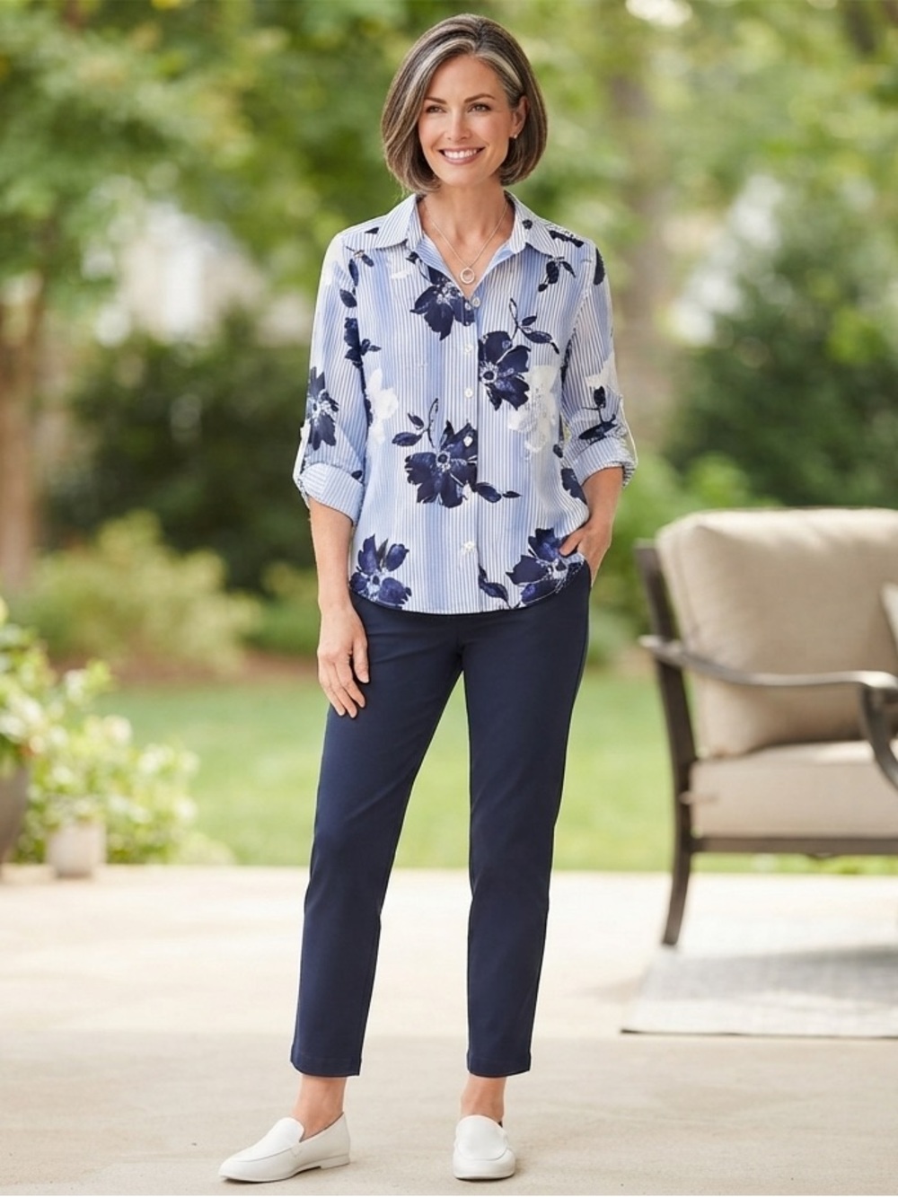 Alfred Dunner Blue Floral Striped Button-Down Blouse Roll-Tab Sleeves XL
